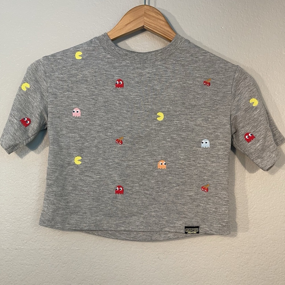 Pac Man x Justice XS (5/6) Youth Embroidered Gray Crop Tee Shirt Top Ghosts